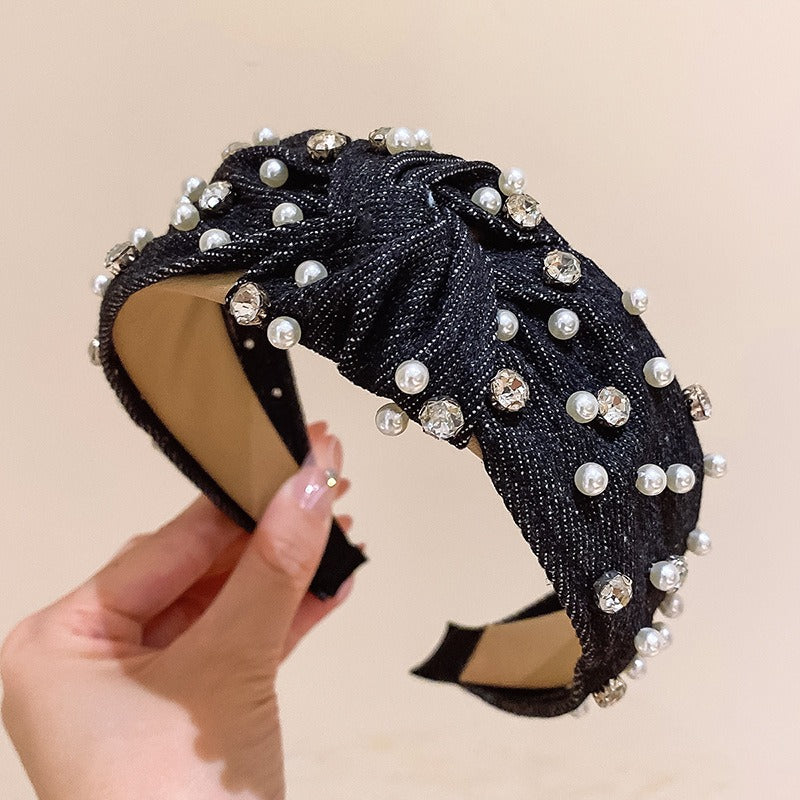 Fashionable denim blue rhinestone pearl knotted headband headband