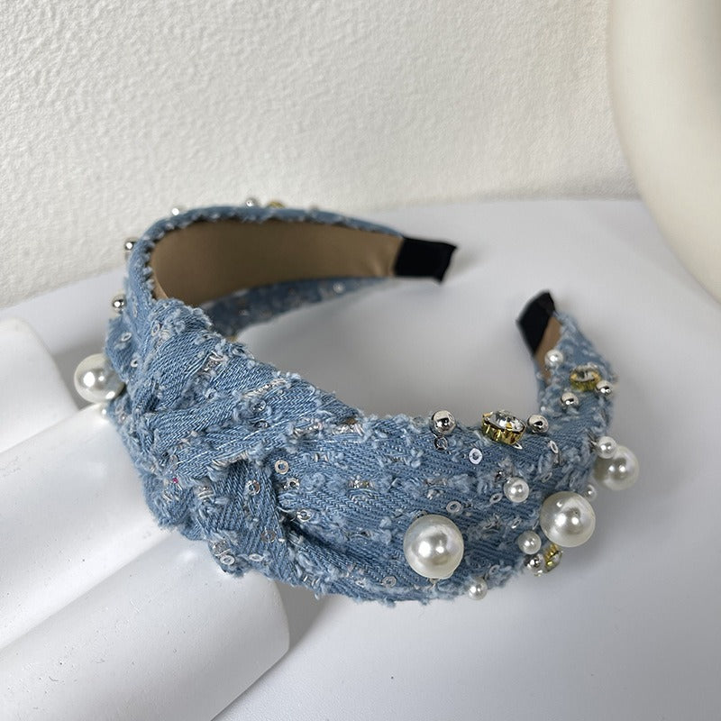 Fashionable denim blue rhinestone pearl knotted headband headband