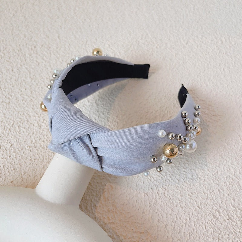 Fashionable denim blue rhinestone pearl knotted headband headband