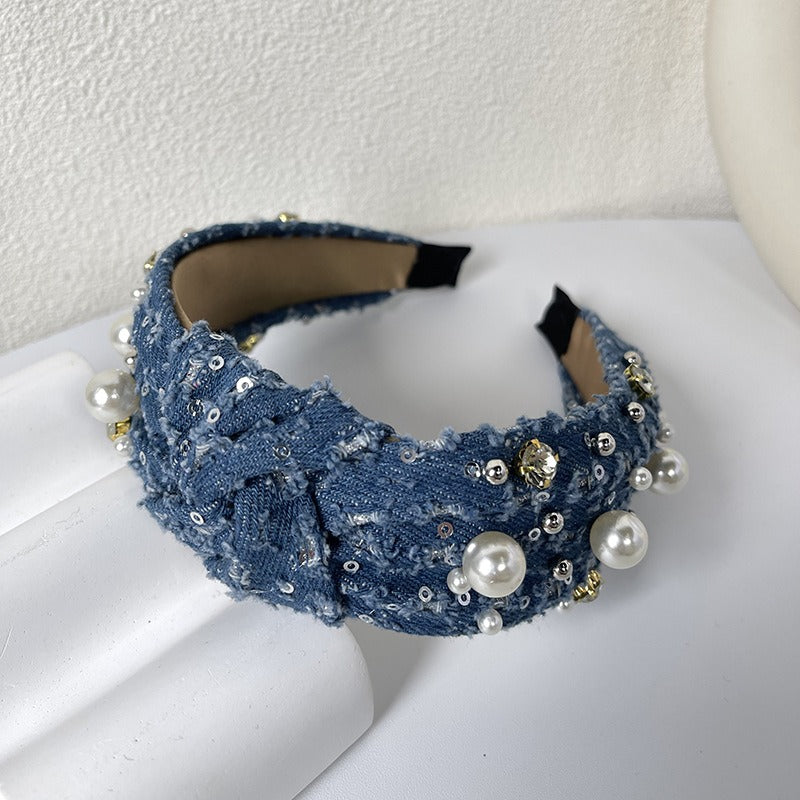 Fashionable denim blue rhinestone pearl knotted headband headband