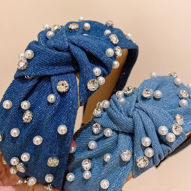 Fashionable denim blue rhinestone pearl knotted headband headband