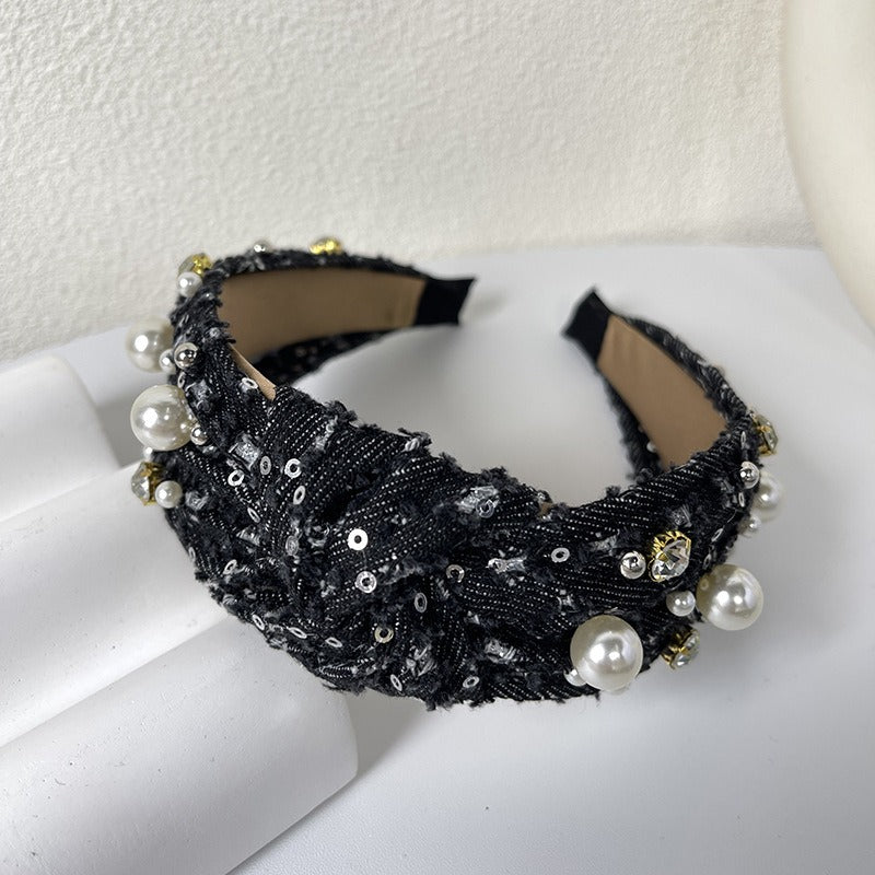 Fashionable denim blue rhinestone pearl knotted headband headband