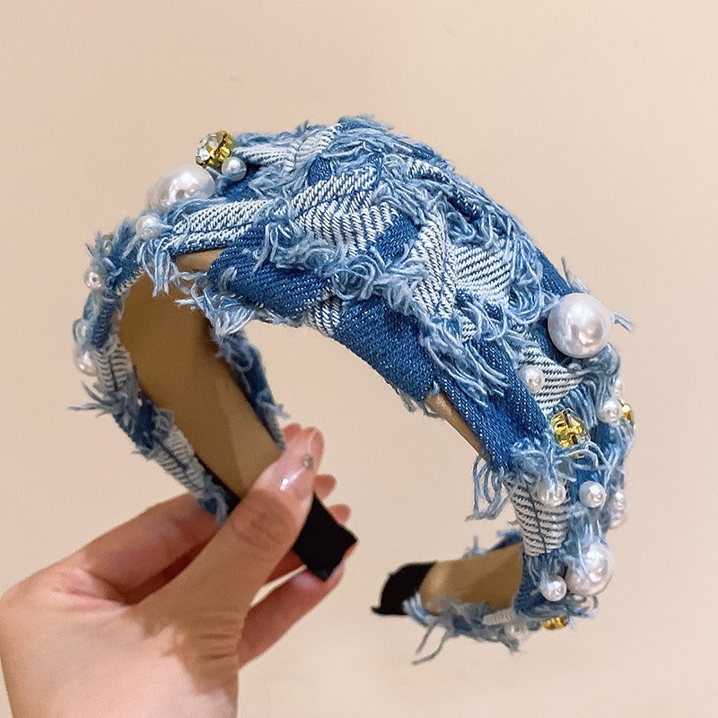 Fashionable denim blue rhinestone pearl knotted headband headband