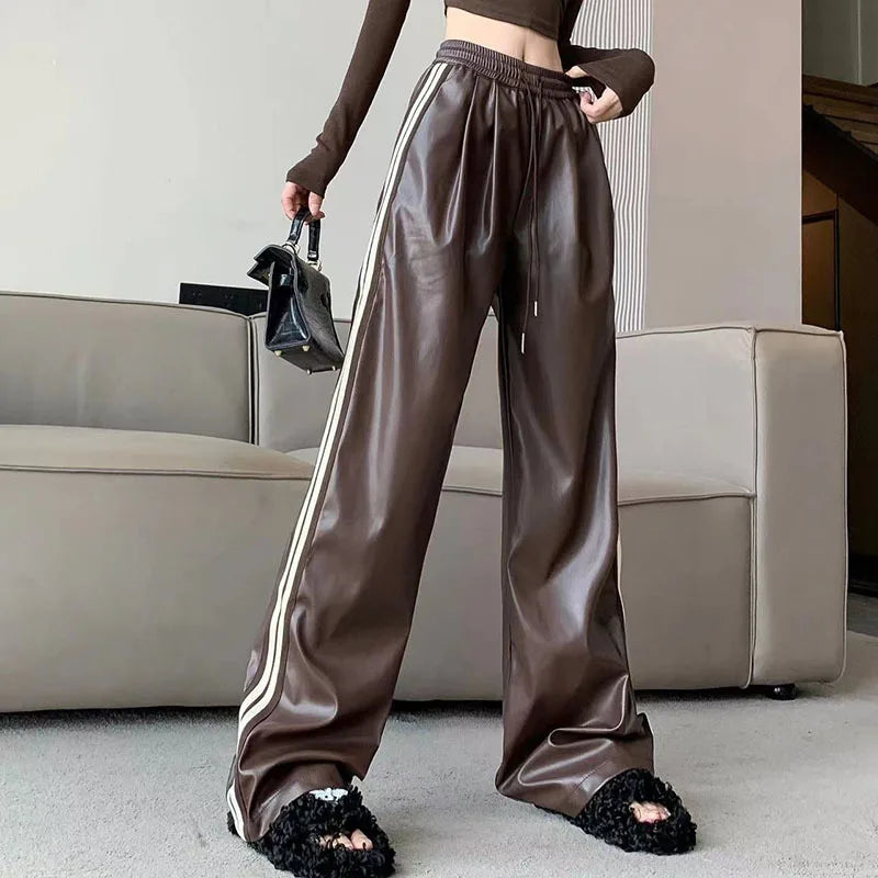 Y2k Drawstring PU Leather Pants Women American Retro Loose Slim Straight Trouser Korean Fashion High Waist Streetwear Bottoms