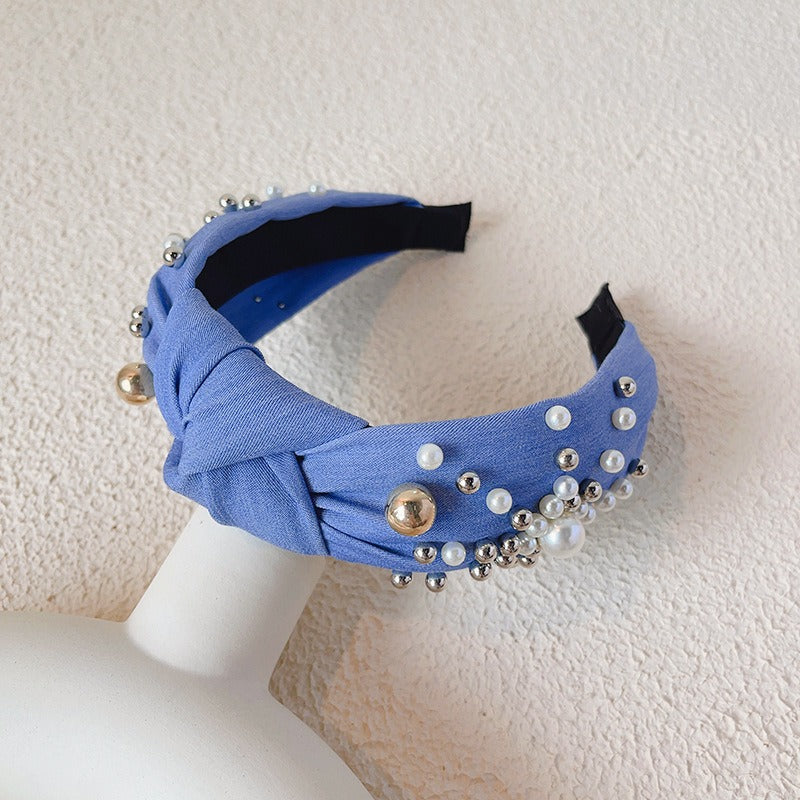 Fashionable denim blue rhinestone pearl knotted headband headband