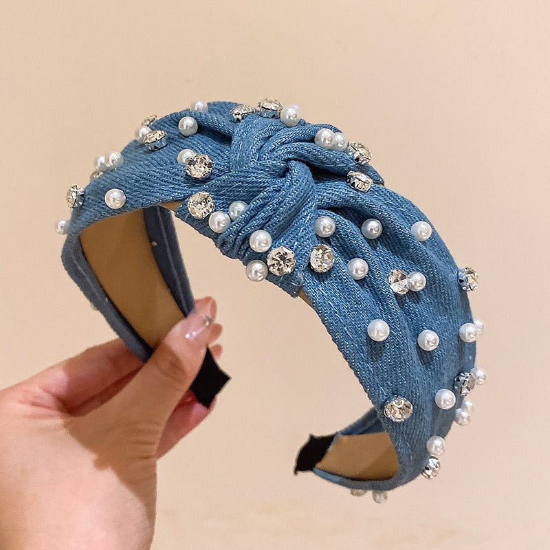 Fashionable denim blue rhinestone pearl knotted headband headband