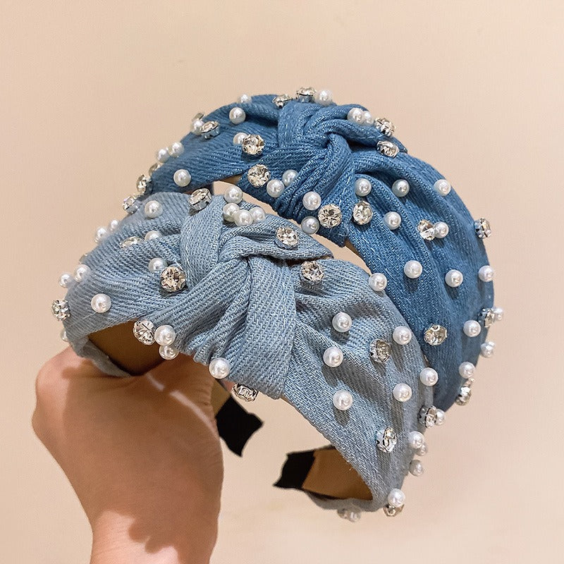 Fashionable denim blue rhinestone pearl knotted headband headband