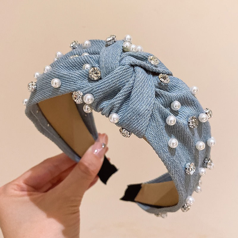 Fashionable denim blue rhinestone pearl knotted headband headband