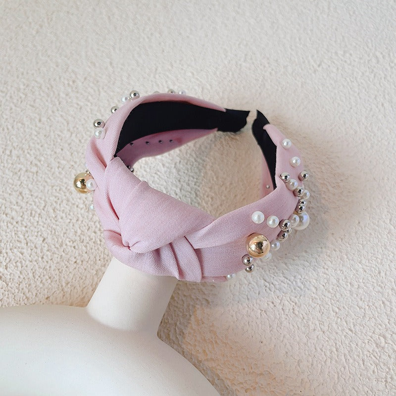 Fashionable denim blue rhinestone pearl knotted headband headband