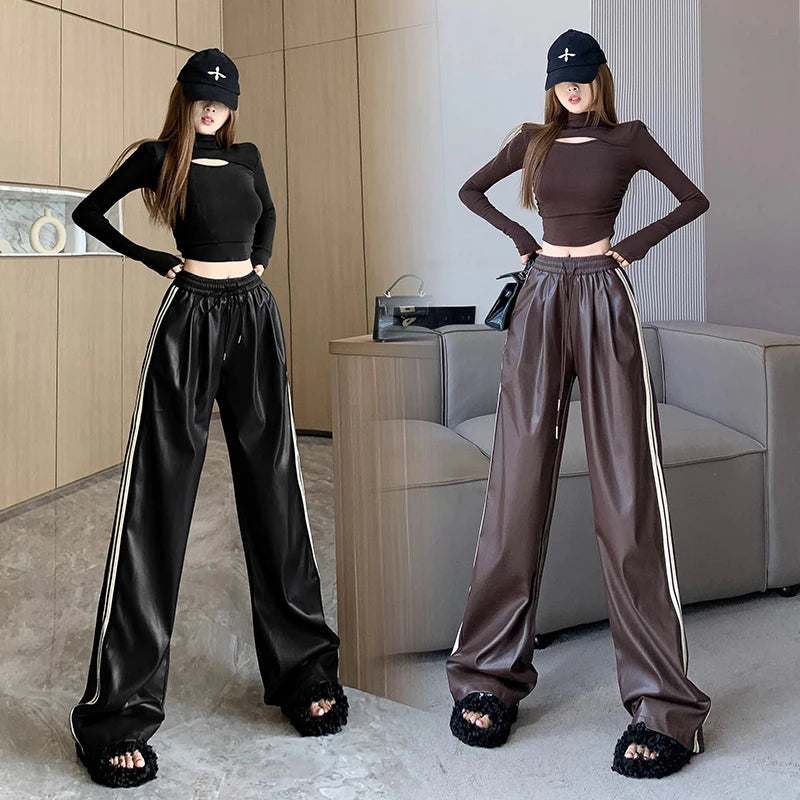 Y2k Drawstring PU Leather Pants Women American Retro Loose Slim Straight Trouser Korean Fashion High Waist Streetwear Bottoms