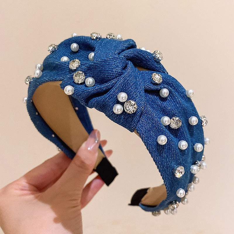 Fashionable denim blue rhinestone pearl knotted headband headband