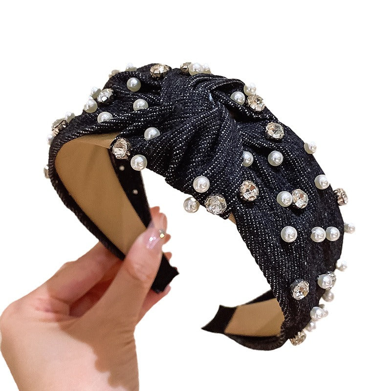 Fashionable denim blue rhinestone pearl knotted headband headband