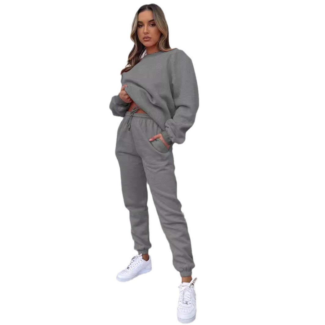 Women's Solid Color Round Neck Pullover Sweatshirt Pants